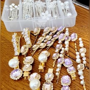 Large LOT Hair Accessories Wedding Prom Crystals Pearls Purple Pink Clear